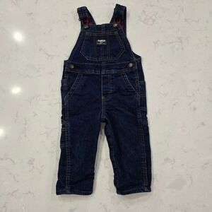 OshKosh Bgosh Kids Flannel Lined Denim Overalls Dark Wash Blue Red Plaid 18M